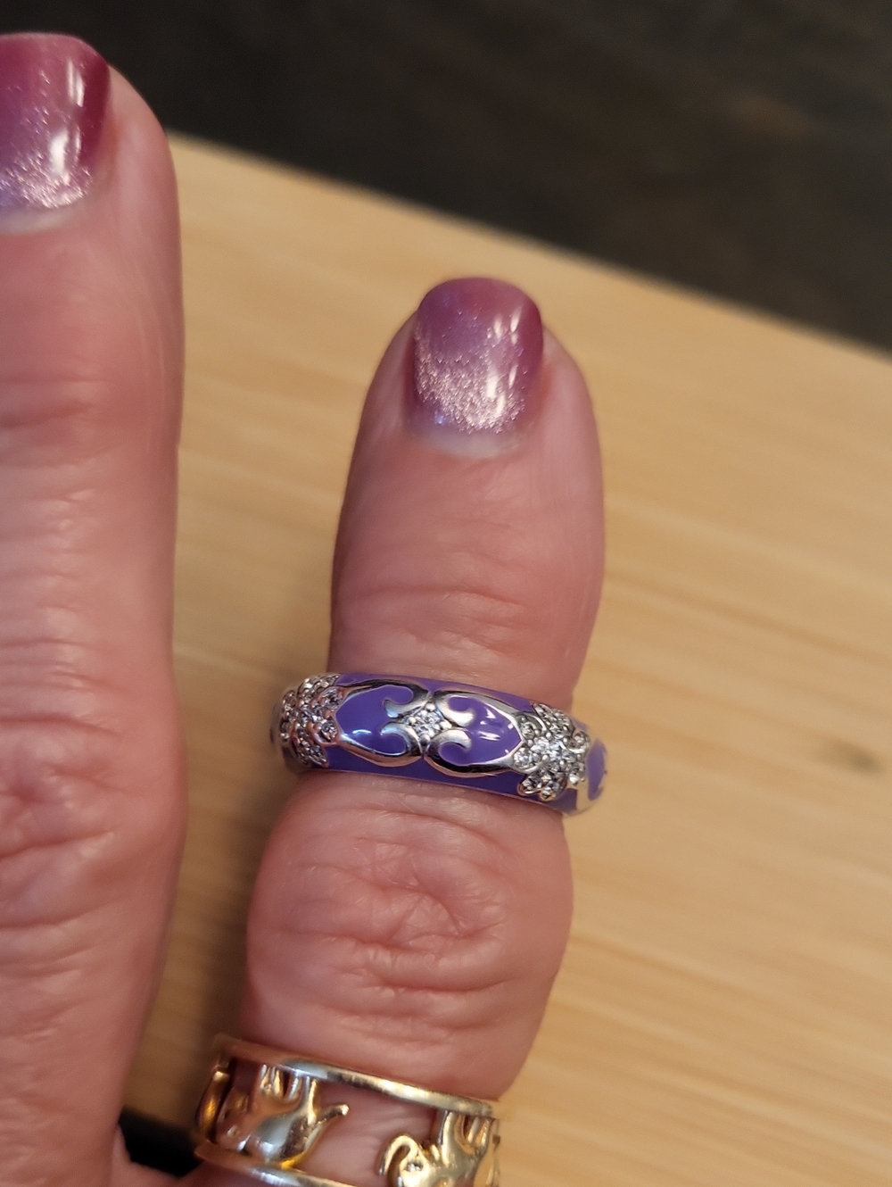 Sterling Silver 925 Purple Enamel CZ Floral wide band ring - Picture 12 of 12